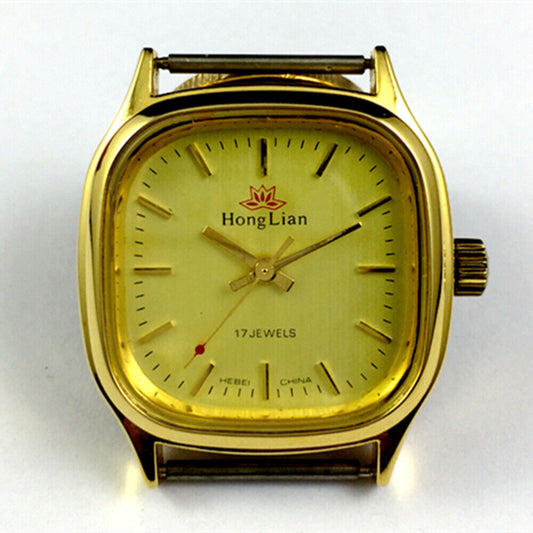HONGLIAN 34mm manual mechanical watch with golden square case and nail markers, 3-hand display for classic style.