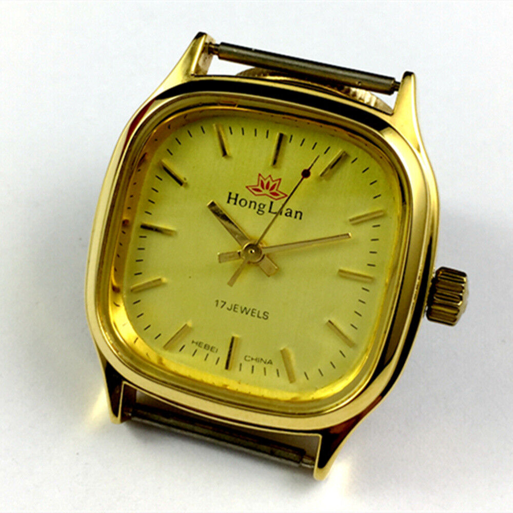 HONGLIAN 34mm manual mechanical watch with golden square case, nail markers, and classic 3-hand display for refined style.
