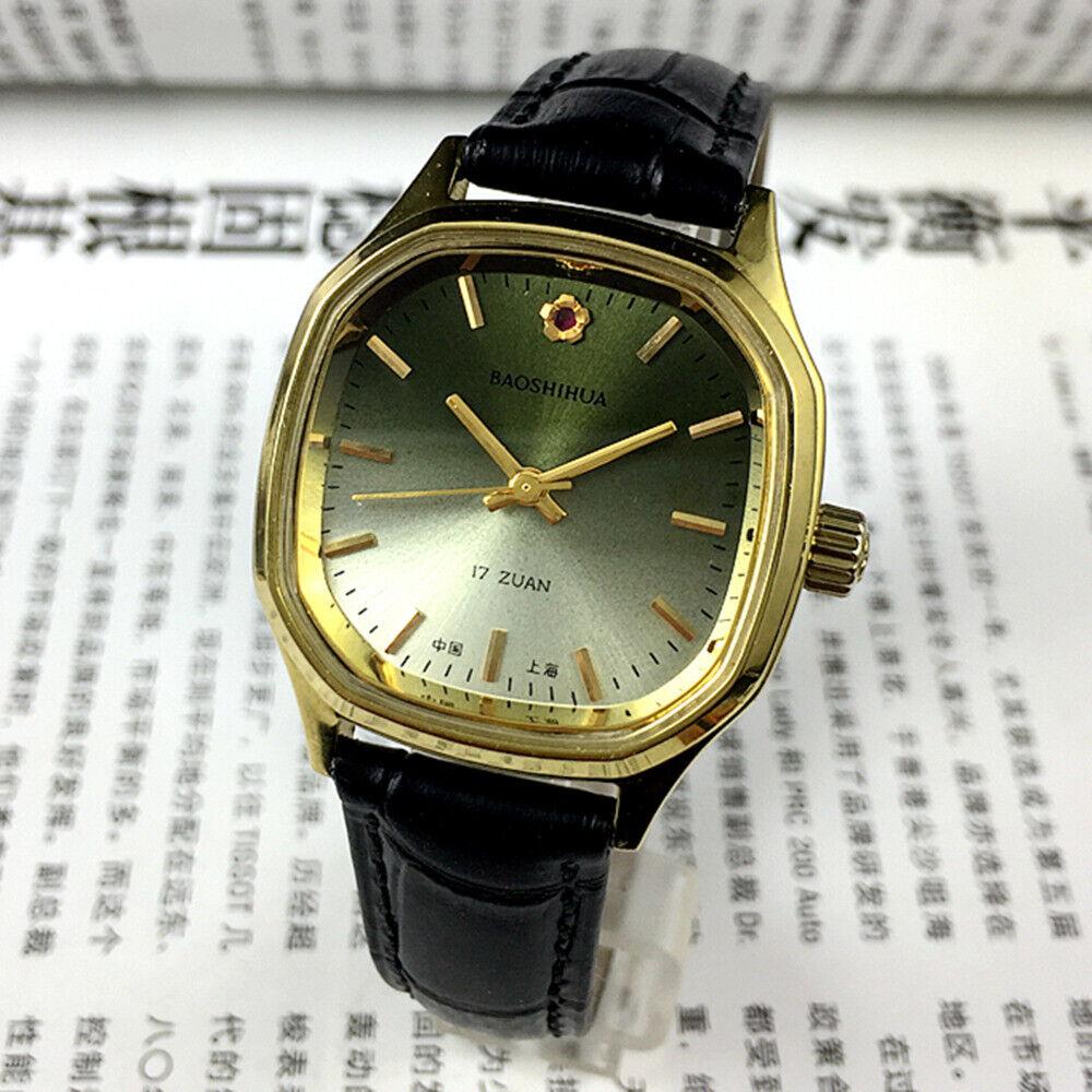 33mm Shanghai Manual Mechanical Watch Golden Nail Gradient Green Dial 17 Jews