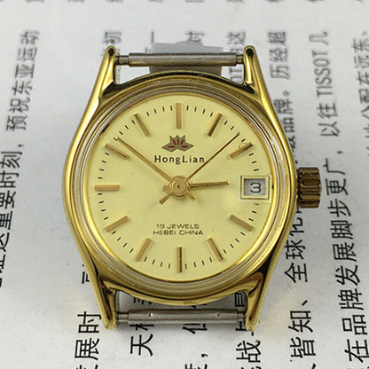 HONGLIAN manual mechanical lady watch with yellow dial, round case, single calendar for elegant style.