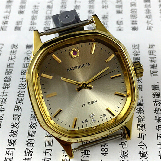Shanghai Manuelle Mechanische Uhr Goldener Nagel Hellbraunes Zifferblatt Achteckiges Gehäuse
