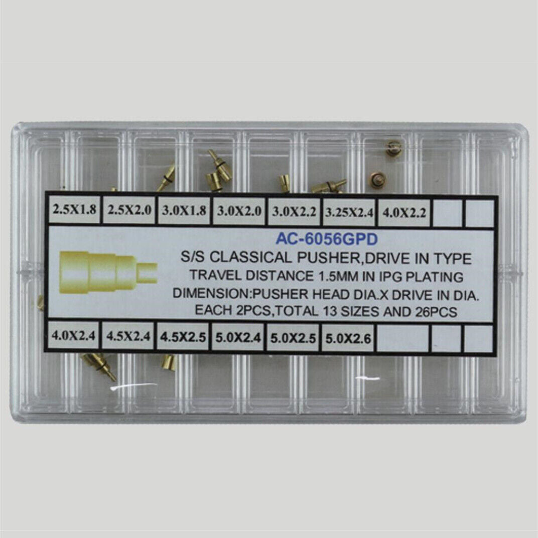Golden stainless steel watch pushers set, 26pcs in 13 sizes, for precise watch repairs and adjustments.
