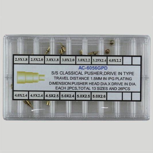 Golden stainless steel watch pushers set, 26pcs in 13 sizes, for precise watch repairs and adjustments.
