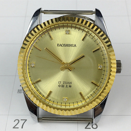 Shanghai 37mm manual mechanical watch with golden nail markers and round golden case design