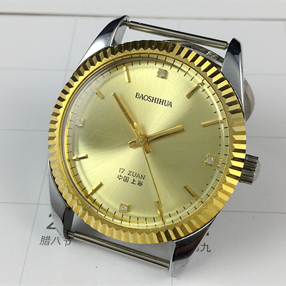 Shanghai 37mm manual mechanical watch featuring golden nail markers and round golden case, elegant accessory for classic style.