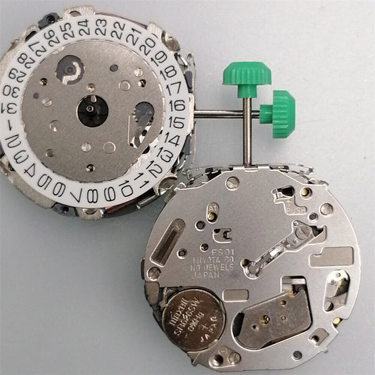 Miyota FS01 chronograph watch movement with date at 4, Japan-made precision by Citizen.