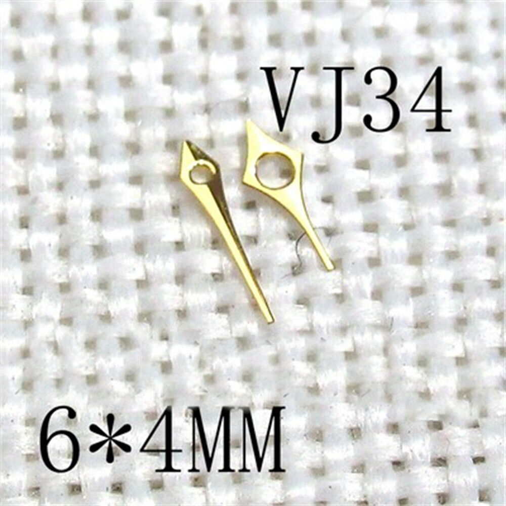 Golden plated 6x4mm pointed watch hands for Hattori Epson VJ34 movement, 2-hand design.