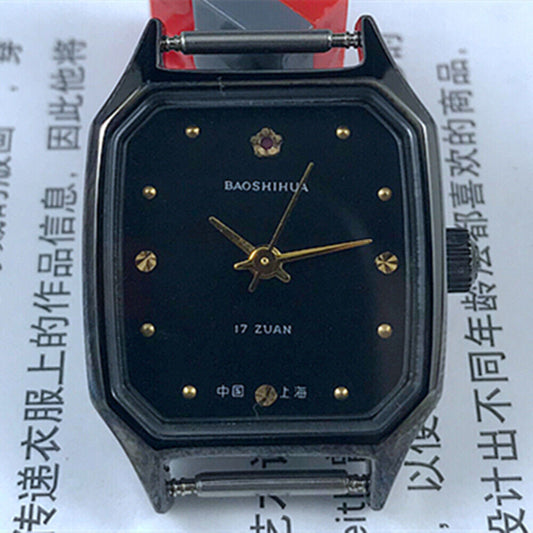 28mm Shanghai manual mechanical lady watch with black dial and square black case, 17 jewels craftsmanship.