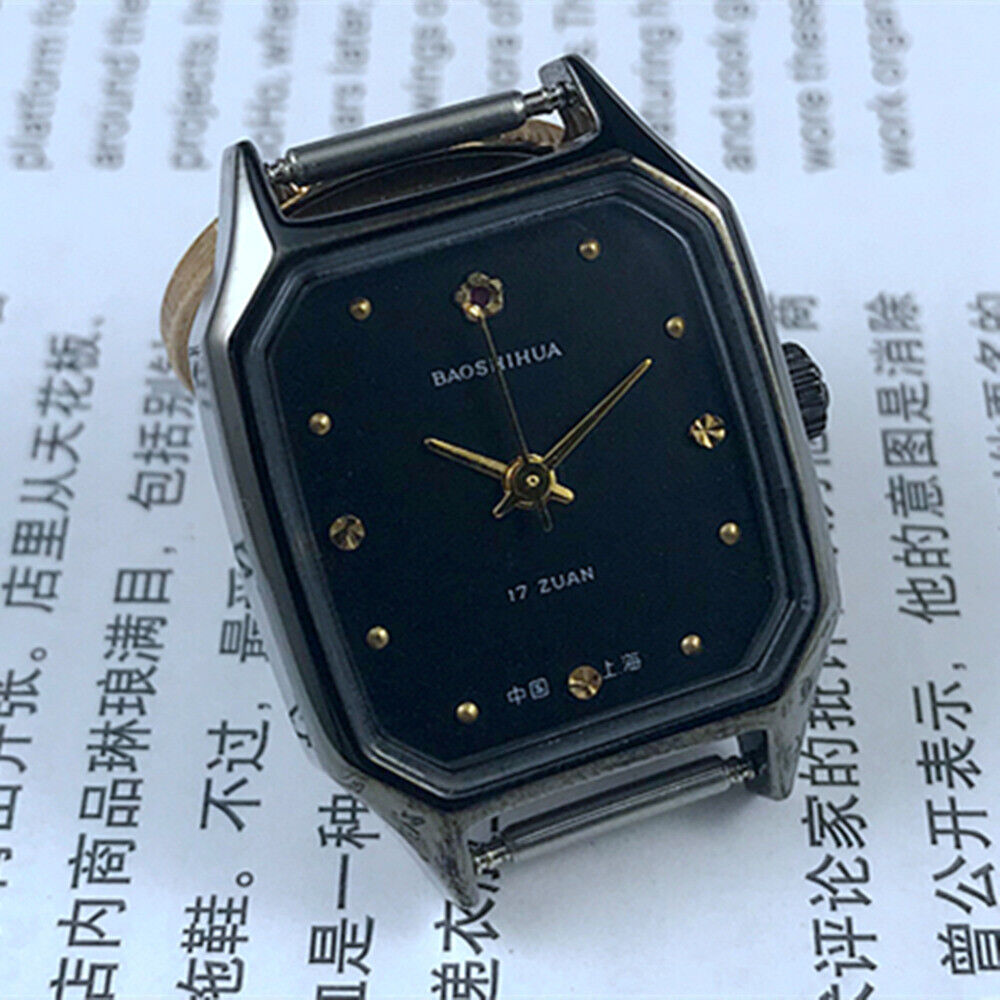 Shanghai 28mm manual mechanical lady watch with black dial, square case, and 17 jewels craftsmanship.