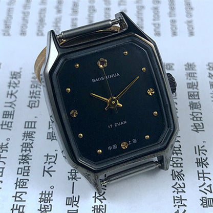 Shanghai 28mm manual mechanical lady watch with black dial, square case, and 17 jewels craftsmanship.