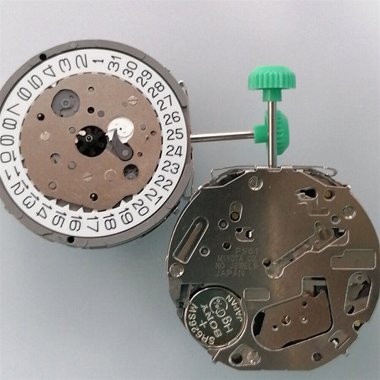 Japan-made Miyota FS61 chronograph quartz watch movement with date display at 4 o'clock, precise 3-eye design.