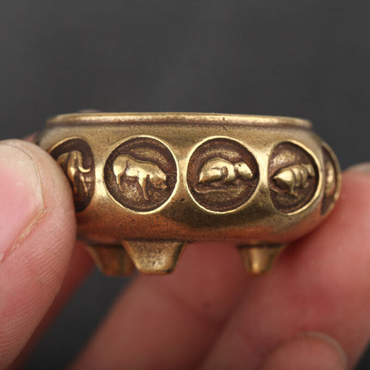 Hand-carved Solid Copper 12 Chinese Zodiac incense burner figurines, detailed bronze craftsmanship.