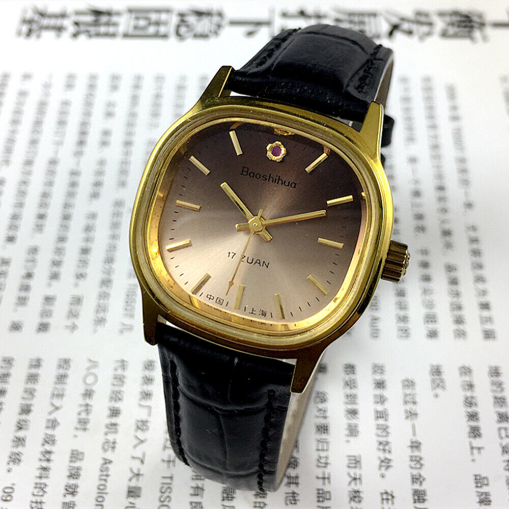 Shanghai 34mm manual mechanical watch with golden nails, brown dial, square case, 17 jewels.