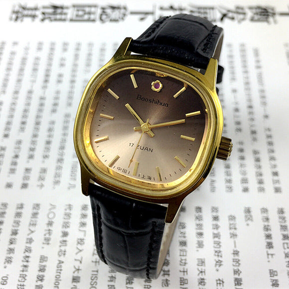 34mm Shanghai Manual Mechanical Watch Golden Nail Brown Dial Square Case 17 Jews