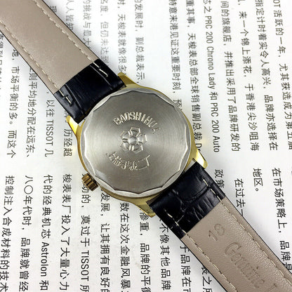 Shanghai 34mm manual mechanical watch with brown dial, square case, gold markers, 17 jewels, classic design.