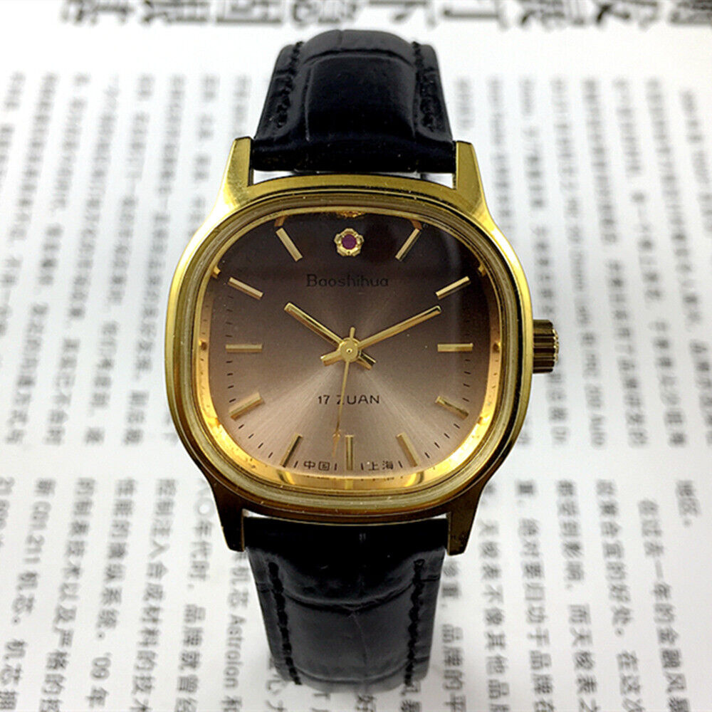 Shanghai 34mm manual mechanical watch with golden nails, brown dial, square case, 17 jewels for elegant timekeeping.