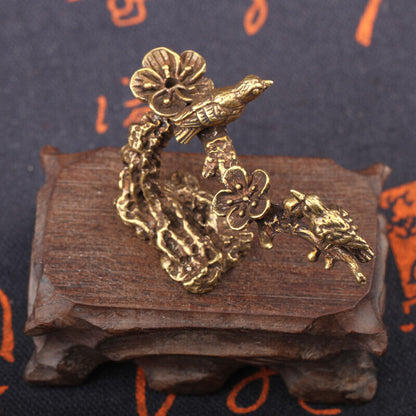 Magpie hand-carved solid copper blooming flower figurine, detailed bronze decor trinket for watch accessories.