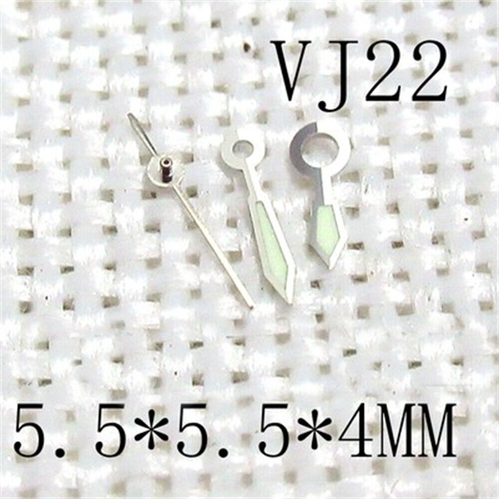 Silver trim green luminous watch hands for Epson VJ22 movement, 5.5x5.5x4mm