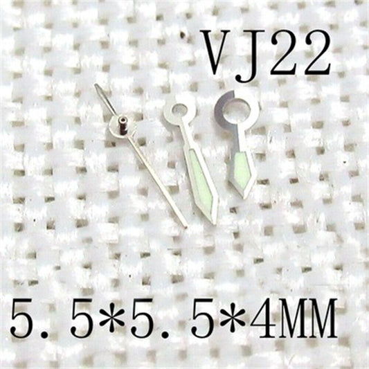 Silver trim green luminous watch hands for Epson VJ22 movement, 5.5x5.5x4mm