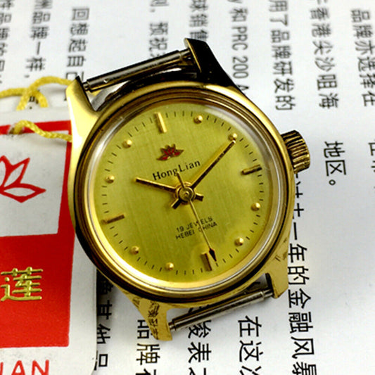 25mm HONGLIAN lady watch with golden nail markers, round golden case, and manual mechanical movement.