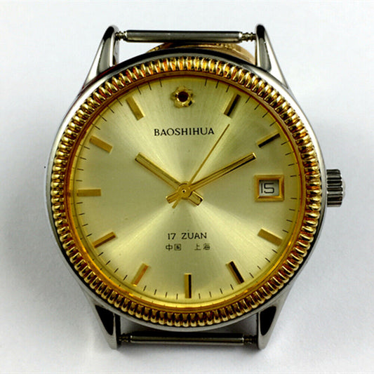 Shanghai 37mm manual mechanical watch with golden dial, round case, and 17 jewels for precise timekeeping.