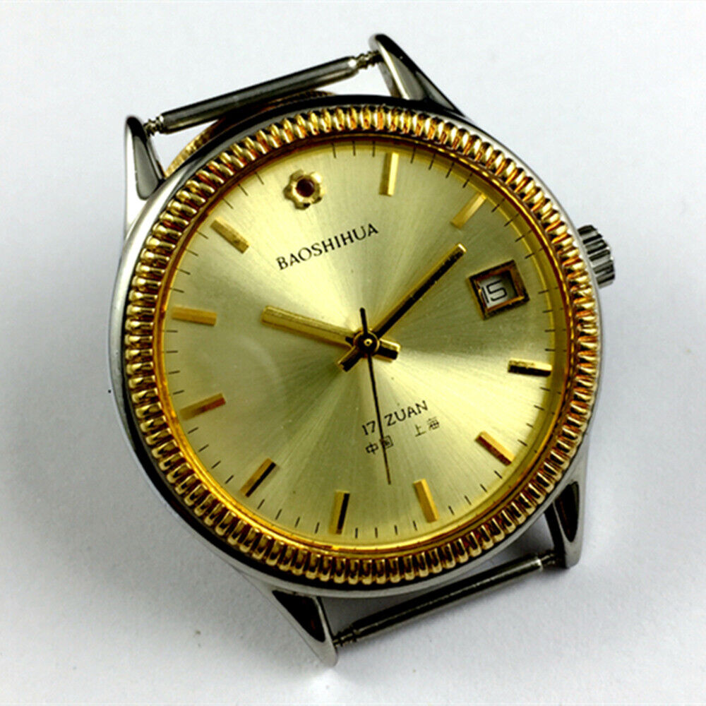 Shanghai 37mm manual mechanical watch with golden dial, round case, and 17 jewels for precise timekeeping.