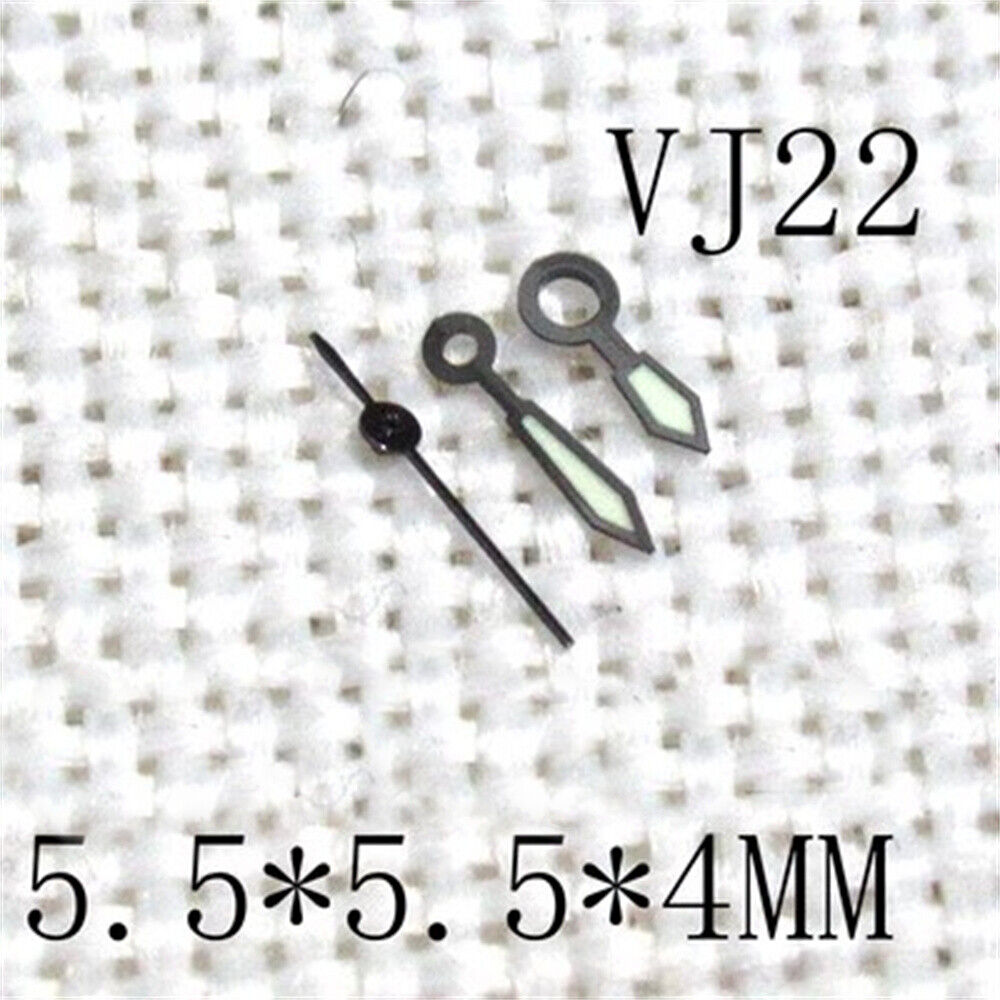 Black trim green luminous watch hands for Epson VJ22 movement, 5.5x5.5x4mm, precision fit accessory.