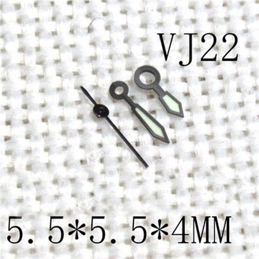 Black trim green luminous watch hands for Epson VJ22 movement, 5.5x5.5x4mm, precision fit accessory.