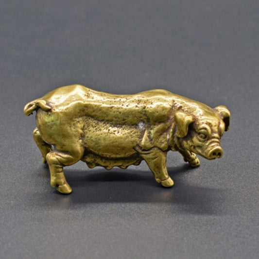 Solid copper boar sow trinket, vintage hand-carved bronze model figurine for home decor.
