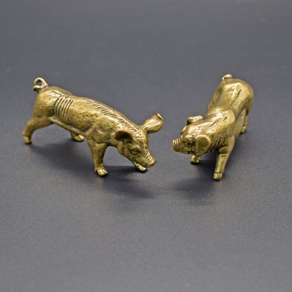 Hand-carved solid copper boar sow trinket, vintage bronze figurine for rustic home decor.