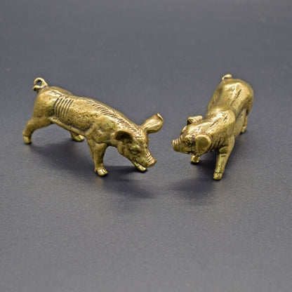 Hand-carved solid copper boar sow trinket, vintage bronze figurine for rustic home decor.