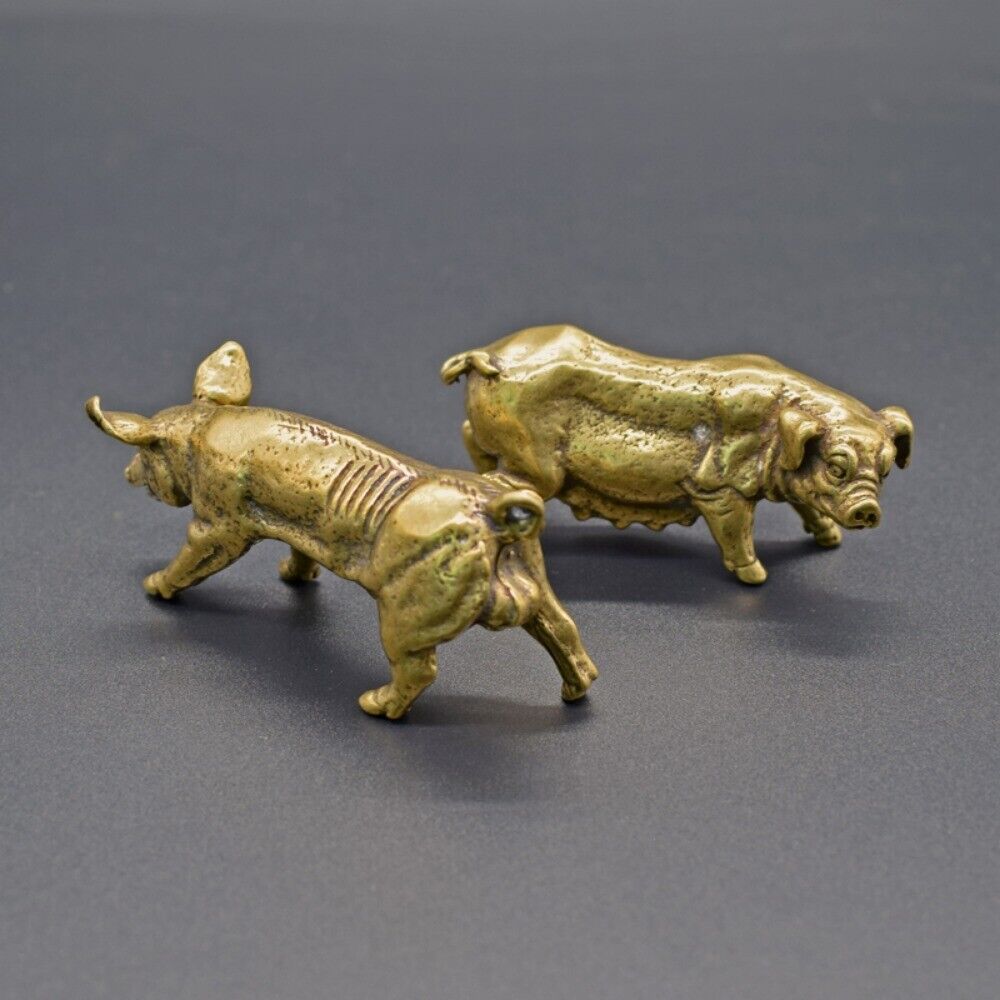 Vintage hand-carved solid copper boar sow trinket, classic bronze figurine for decor.