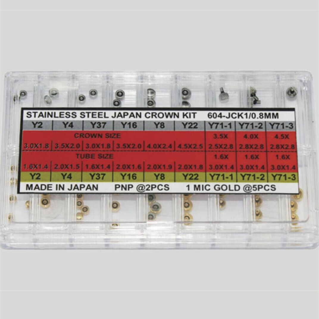 Golden and silver stainless steel watch crowns, 63pcs assortment kit by Japan brand, DIA 0.8mm.