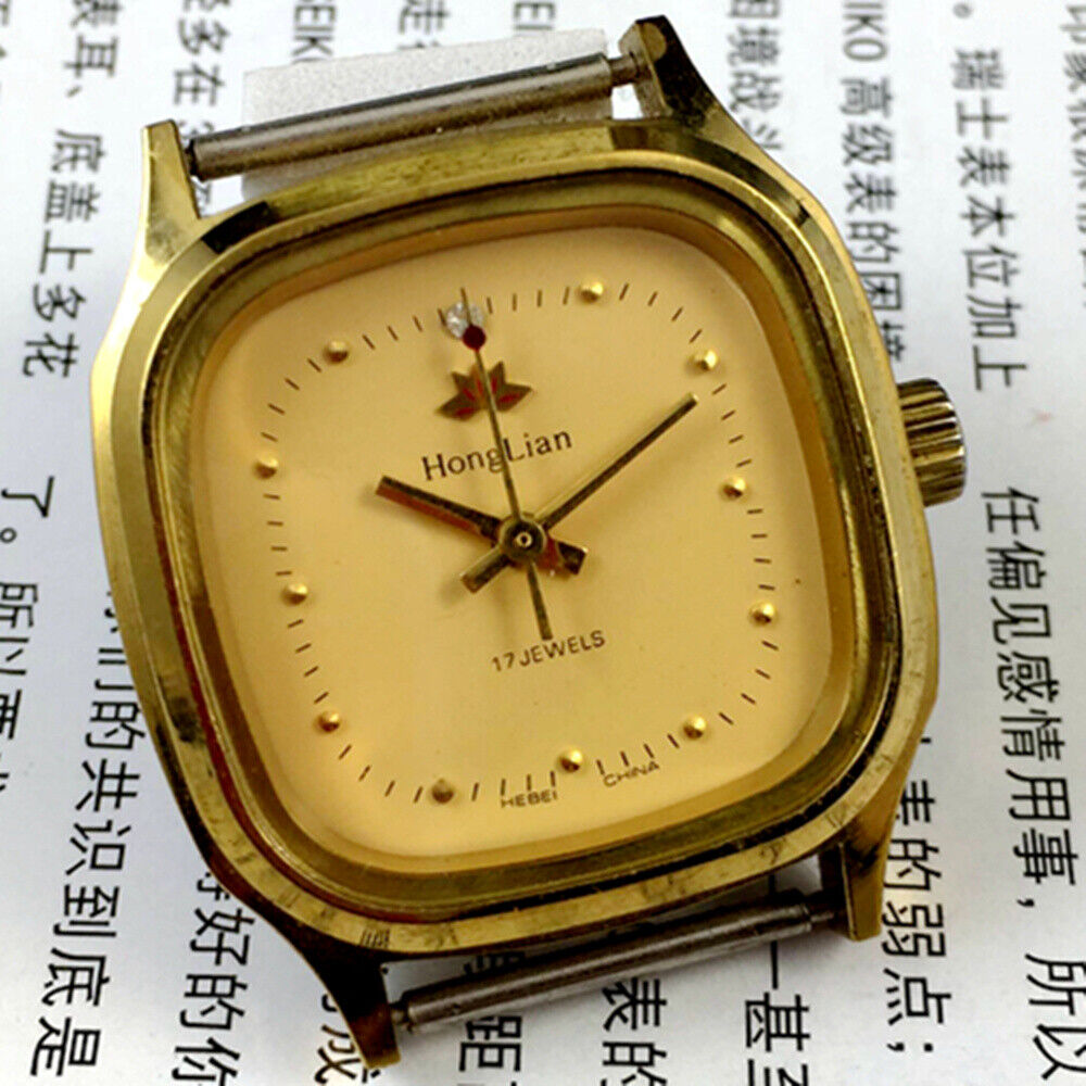 32mm HONGLIAN manual mechanical watch with golden nail markers and square golden case, 17 jewels.