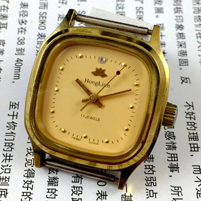 32mm HONGLIAN manual mechanical watch with golden nail markers and square case, 17 jewels, classic style.