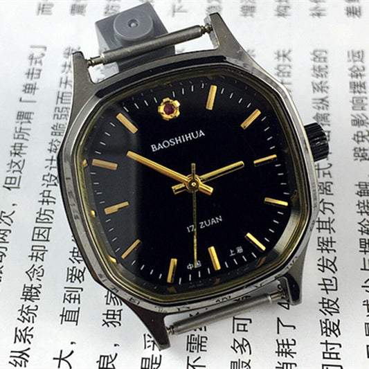 Shanghai Manuelle Mechanische Uhr Goldene Nagel Schwarzes Zifferblatt Achteckige Fall 17 Juden