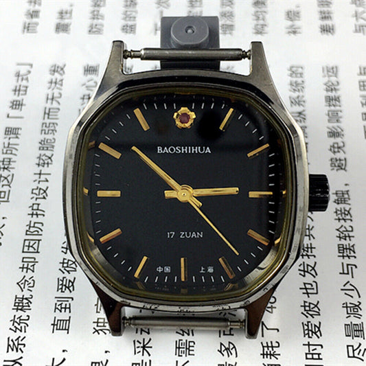 Shanghai Manuelle Mechanische Uhr Goldene Nagel Schwarzes Zifferblatt Achteckige Fall 17 Juden