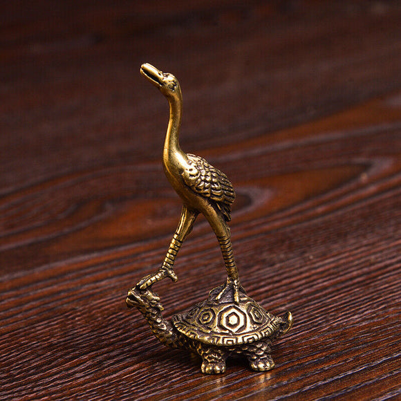 Solid Copper Turtle and Crane Trinket Vintage Hand Carved Bronze Model Figurines