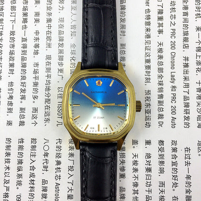 33mm Shanghai brand manual mechanical watch with blue dial, gold markers, square case, and 17 jewels.