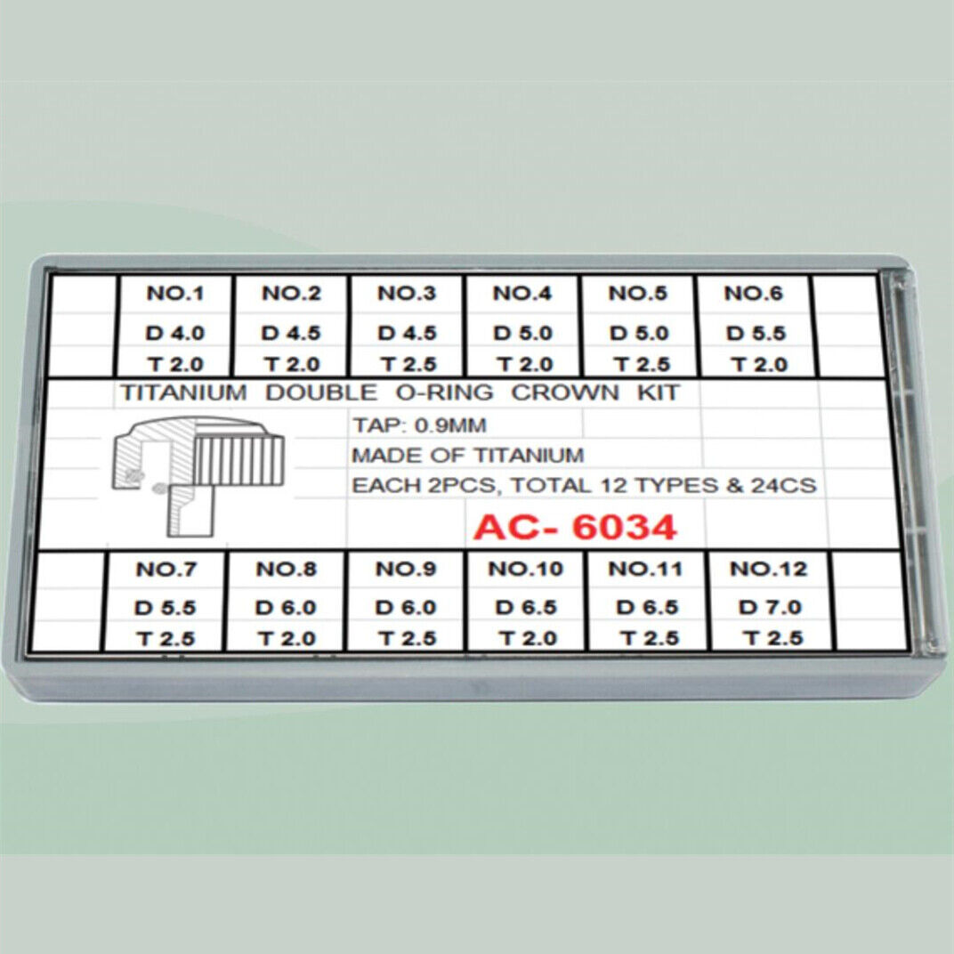 1. Titanium T-shape watch crown kit with 24pcs in 12 sizes, featuring double waterproof O-rings for secure fit.  