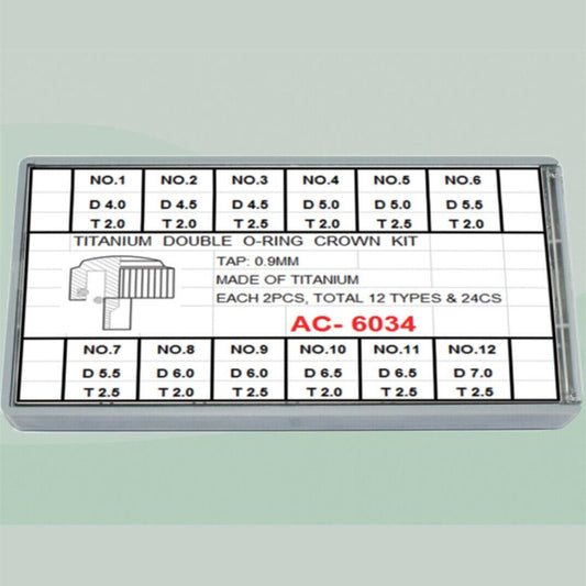 1. Titanium T-shape watch crown kit with 24pcs in 12 sizes, featuring double waterproof O-rings for secure fit.  