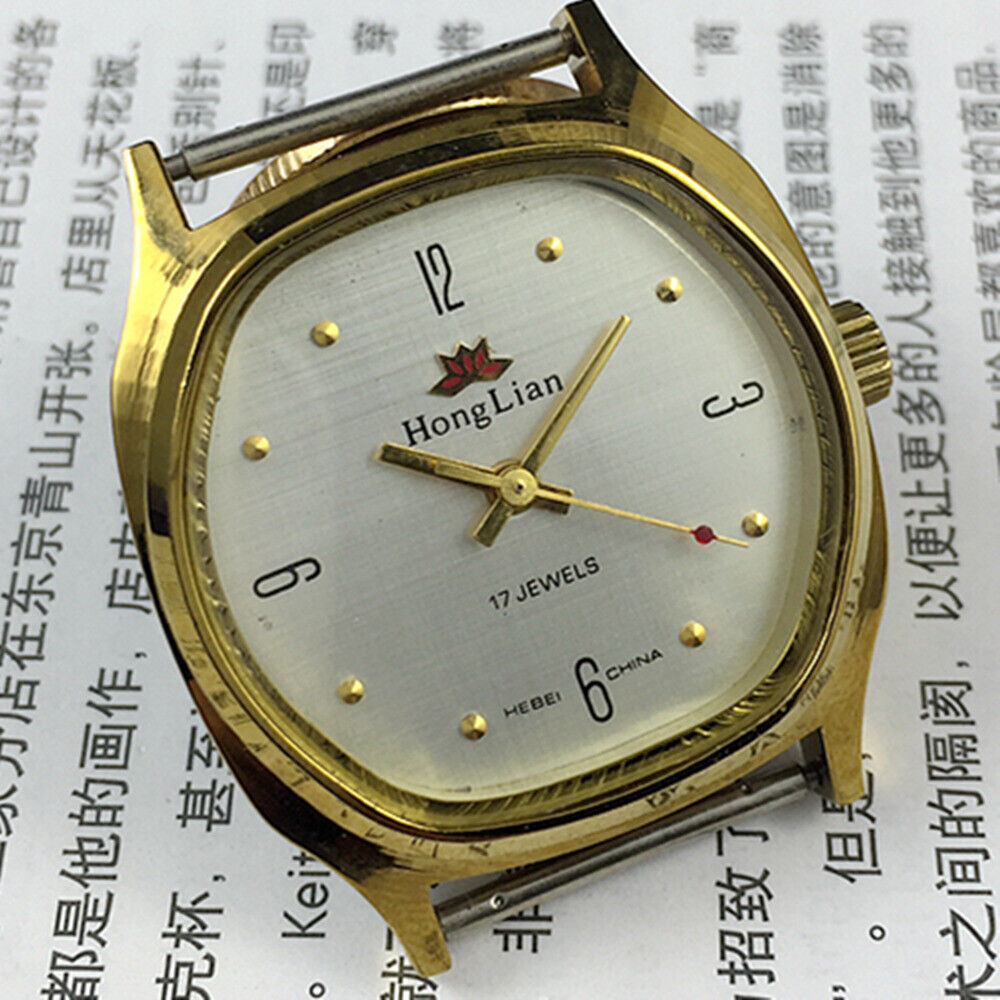33mm HONGLIAN manual mechanical watch with golden numerals and square case for classic style.