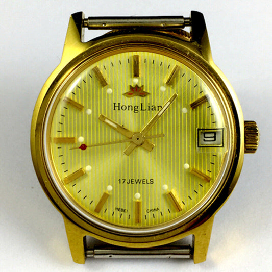HONGLIAN 33mm manual mechanical watch with single calendar, luminous hands, and classic design.