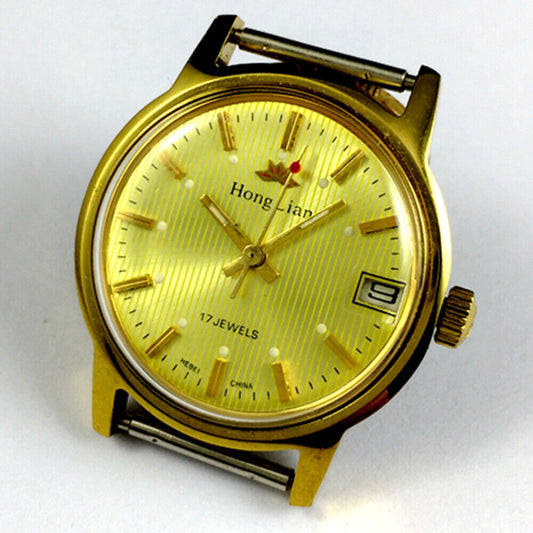 HONGLIAN 33mm manual mechanical watch with single calendar, luminous hands, and classic design.