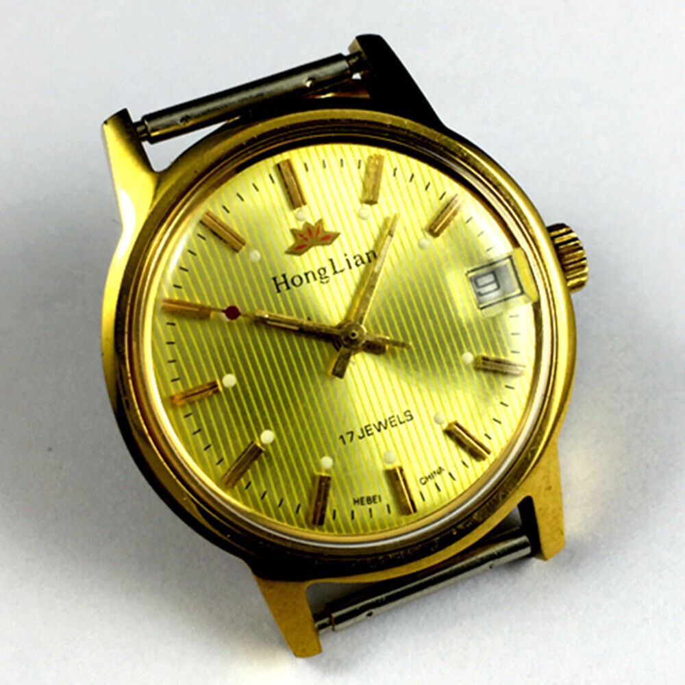 HONGLIAN 33mm manual mechanical watch with single calendar, luminous hands, and classic stainless steel case design.