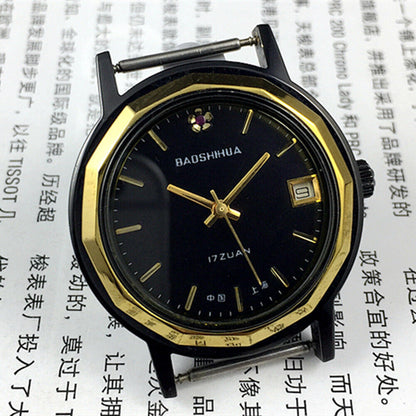 37mm Shanghai manual mechanical watch with single calendar, black dodecagonal case and classic leather strap.