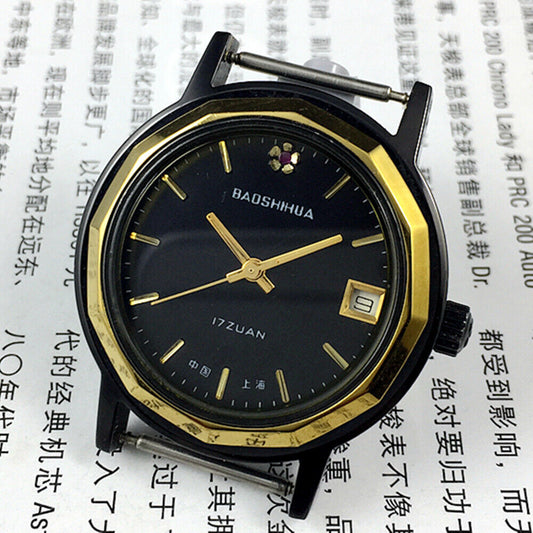 37mm Shanghai manual mechanical watch with single calendar, black dodecagonal case and classic leather strap.