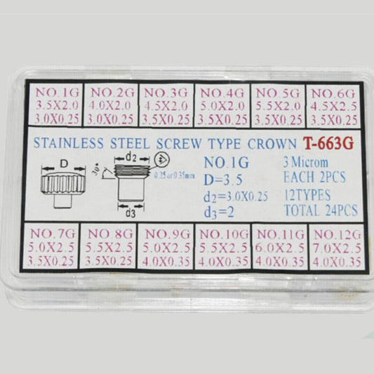 1. Set of 24 stainless steel golden watch crowns, screw type, ideal for watch repair and customization.  