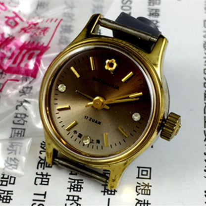 Montre mécanique manuelle Shanghai pour femme, cadran marron dégradé à clous dorés, 3 aiguilles