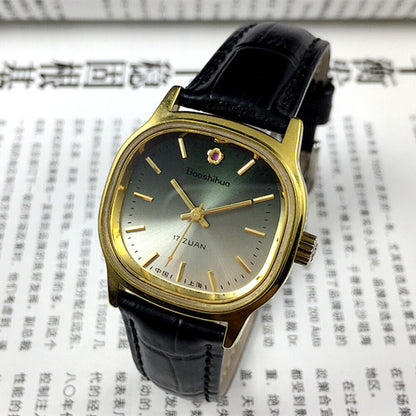 34mm Shanghai Manual Mechanical Watch with golden nails and green dial, round case, 17 jewels craftsmanship